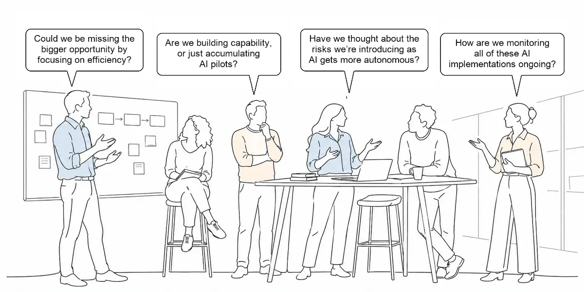 Line-art illustration of a leadership team discussing scattered AI projects across the business