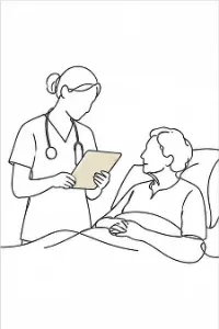 A carer showing a tablet to a resident sitting up in bed