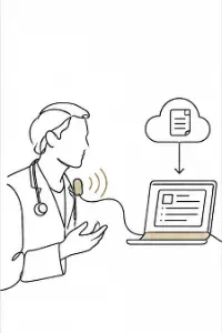 A carer gesturing toward a laptop showing a document being generated in the cloud