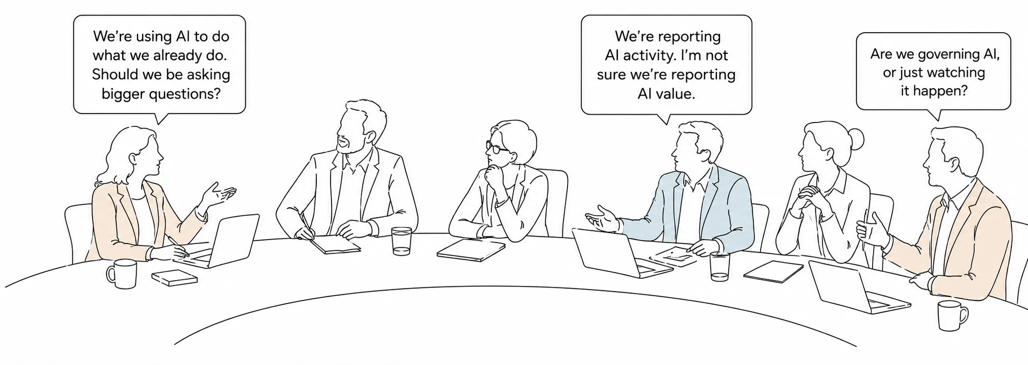 Line-art illustration of directors discussing AI strategy and adoption