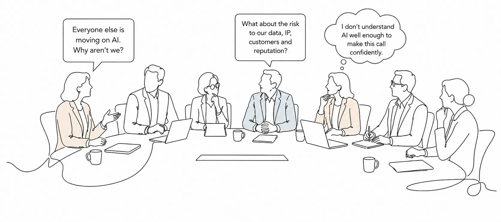 Line-art illustration of a board meeting, with directors voicing different views on AI: one pushing to move faster, one questioning risk to data and reputation, one unsure they understand AI well enough to decide