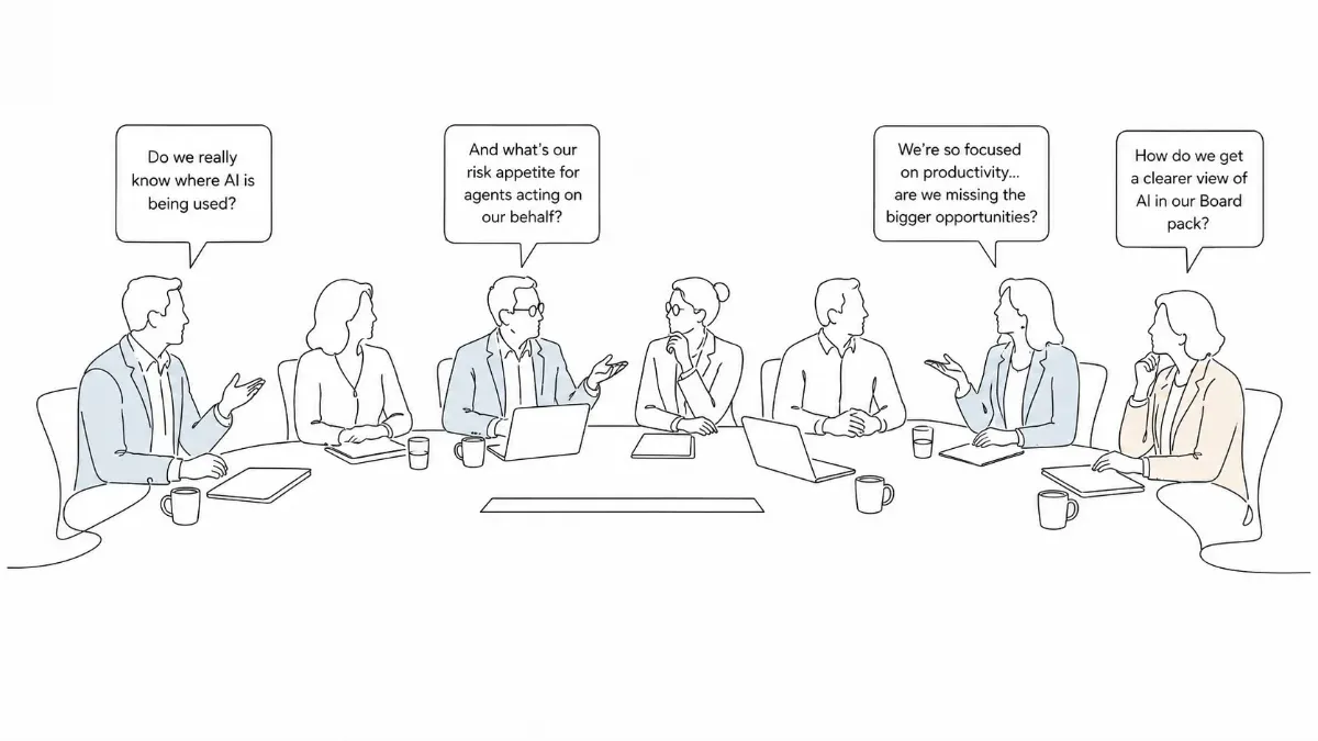 Line-art illustration of a boardroom: directors reacting to AI opportunity and risk from different angles
