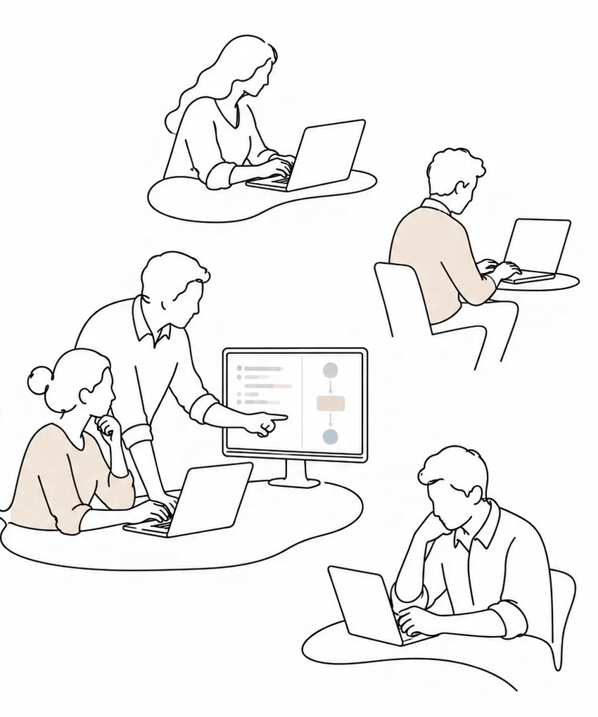 Line-art illustration of an executive team discussing scattered AI projects across the business
