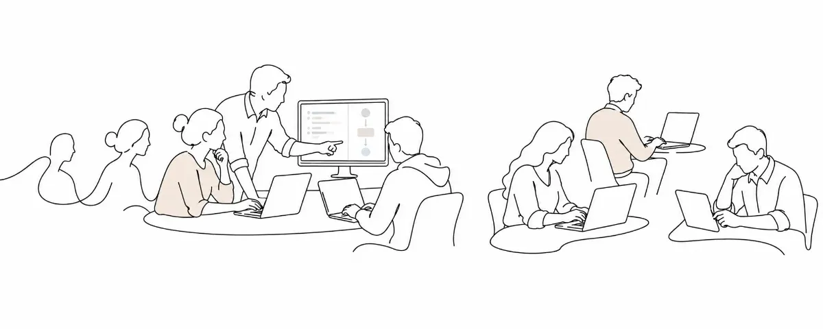 Line-art illustration of an executive team discussing scattered AI projects across the business