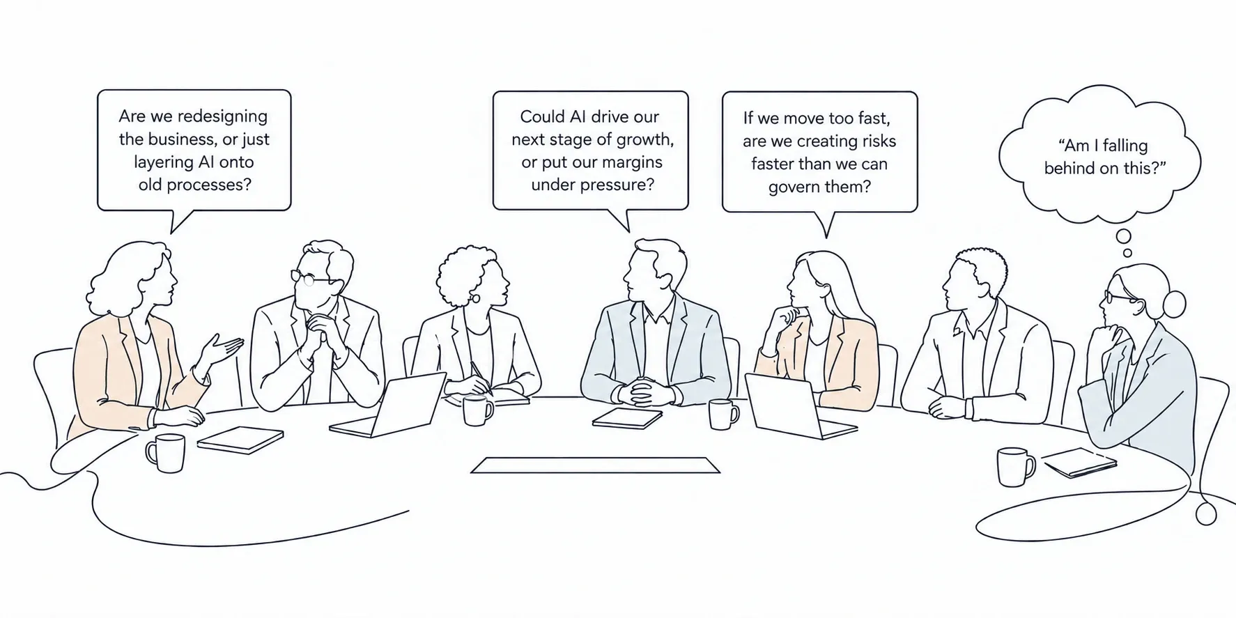 Directors around a board table asking whether they're redesigning the business or just layering AI onto old processes, whether AI could drive the next stage of growth or put margins under pressure, whether moving too fast creates risks faster than they can govern them, and privately wondering if they're falling behind