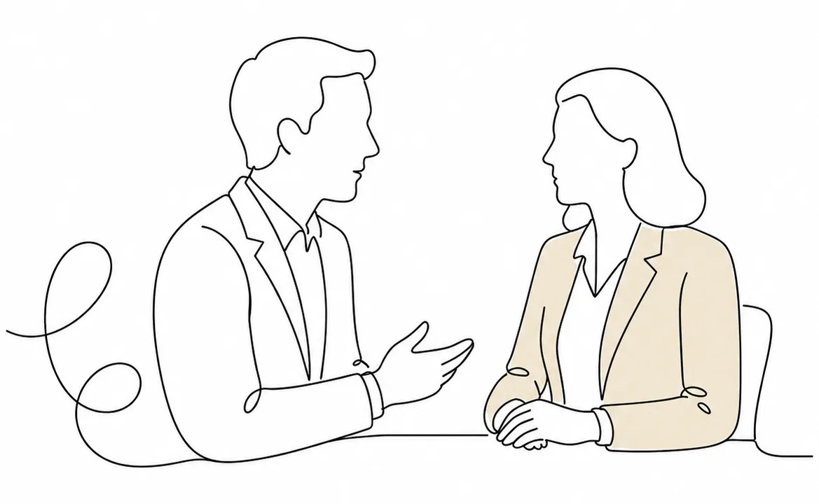 Two people in conversation – sponsor briefing scene