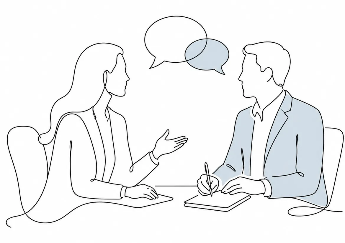 Two people in interview with speech bubble