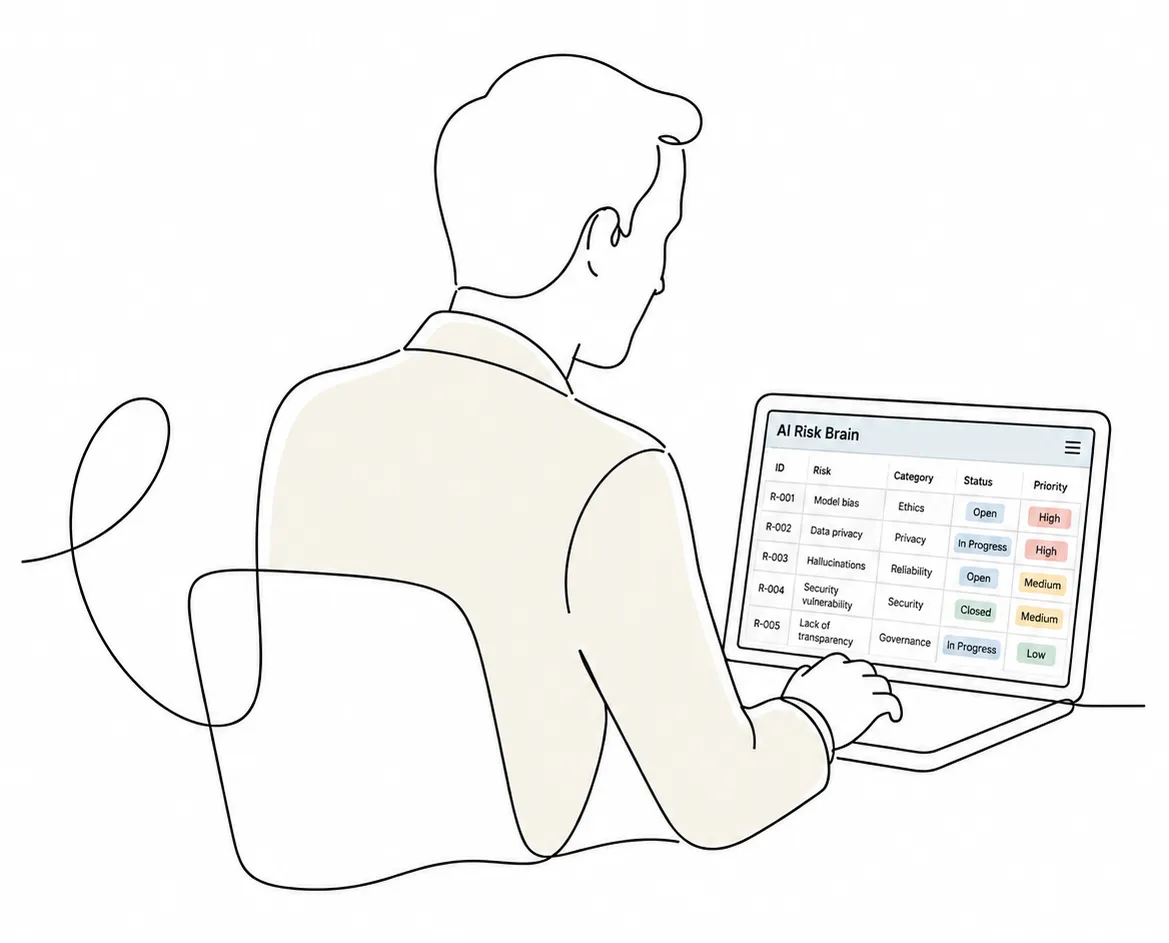 Advisor at laptop reviewing an AI risk register