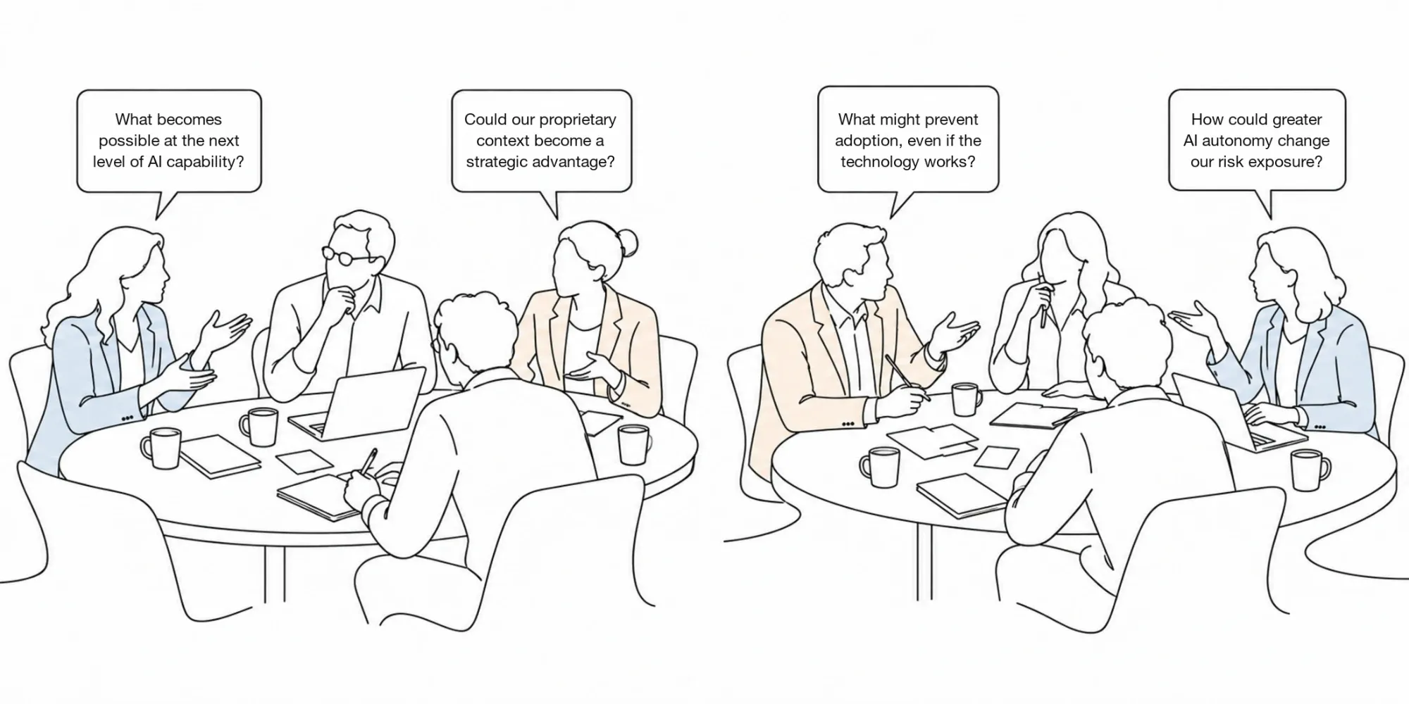 Line-art illustration of directors and executives gathered around a laptop, working through an AI scenario together