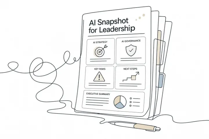 Mockup of the AI Adoption Snapshot document — cover page and a sample findings page, styled as a leadership pack