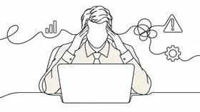 A frustrated leader at a laptop, surrounded by tangled-line icons for risk, process and metrics