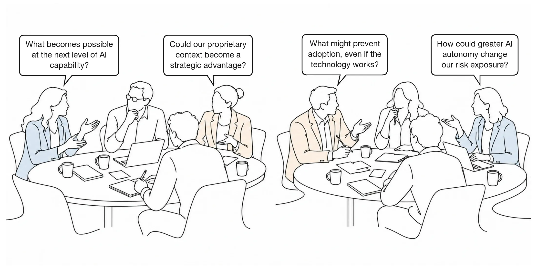 Line-art illustration of directors gathered around a laptop, working through an AI scenario together