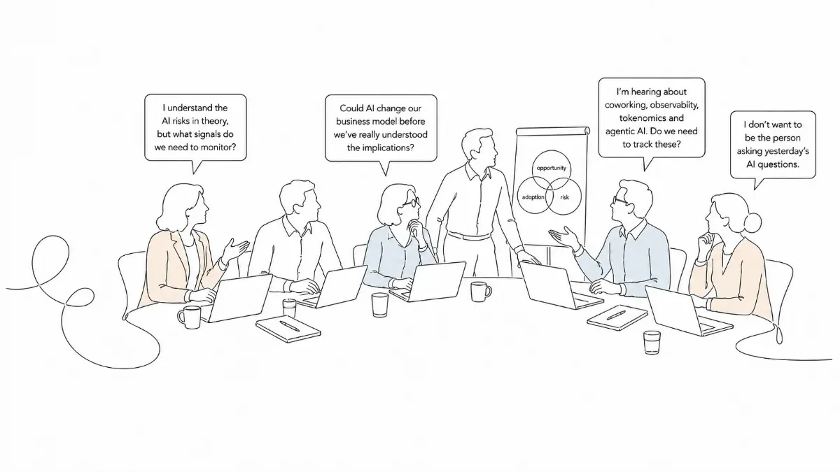 Line-art illustration of directors gathered around a laptop, working through an AI scenario together